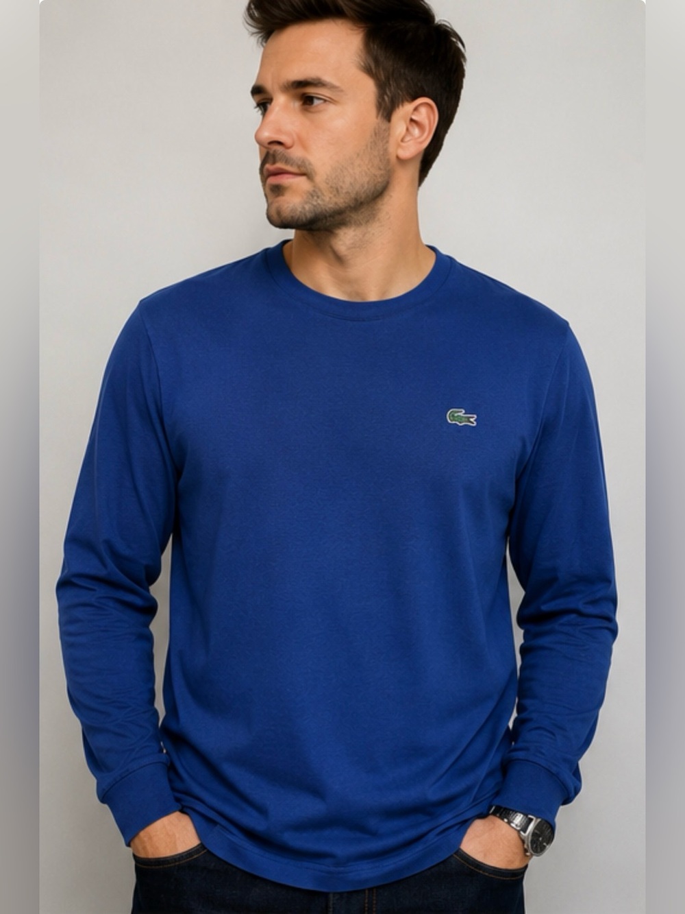 Lacoste Men’s Long-Sleeve Crewneck Shirt in Blue with Green Croc